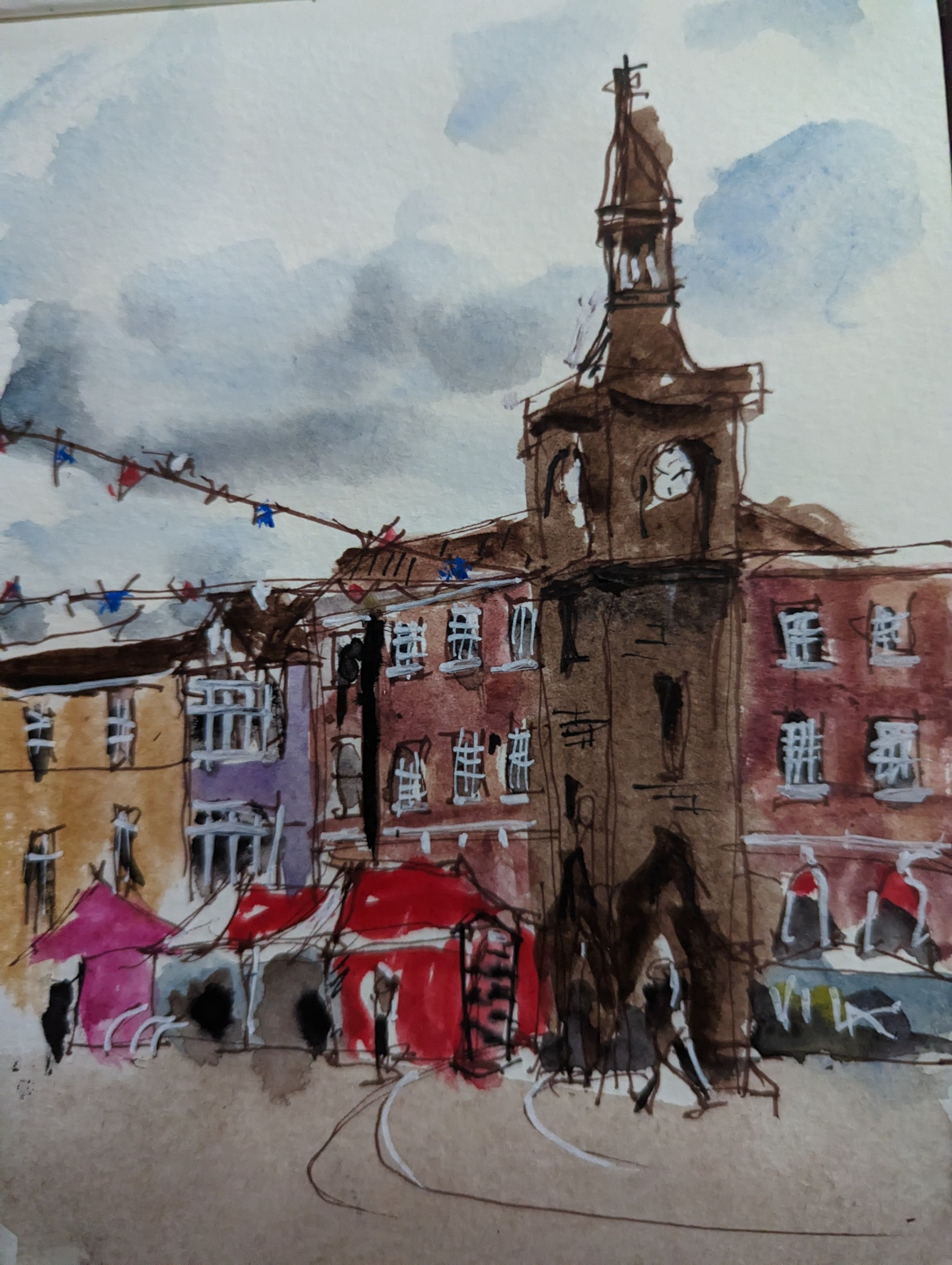 Ormskirk Watercolour Artwork, Market including Ormskirk Clock by Mark Grant