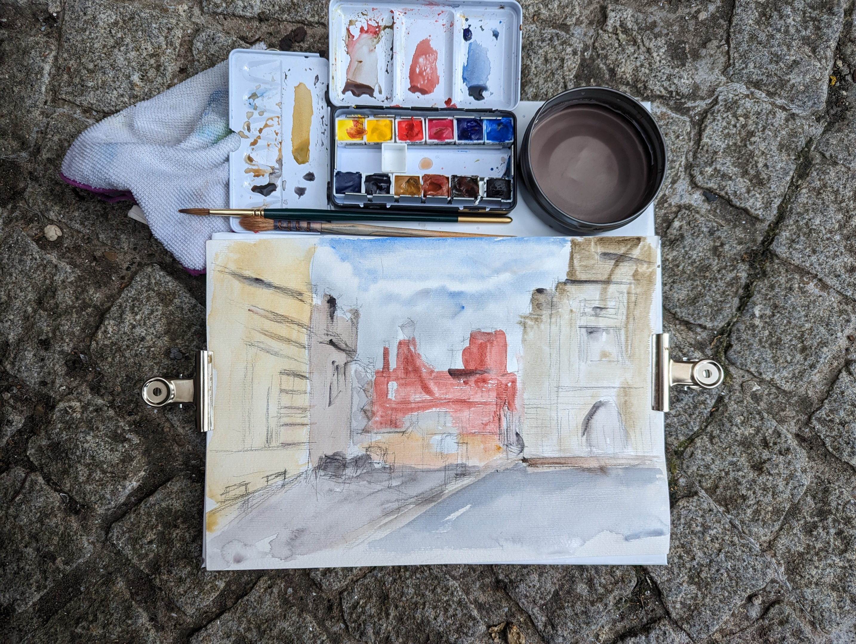 Watercolour urban sketch artwork setup, Mindful Art for a Calm and Creative Mind. Liverpool painting with Downtown Sketchers in Liverpool