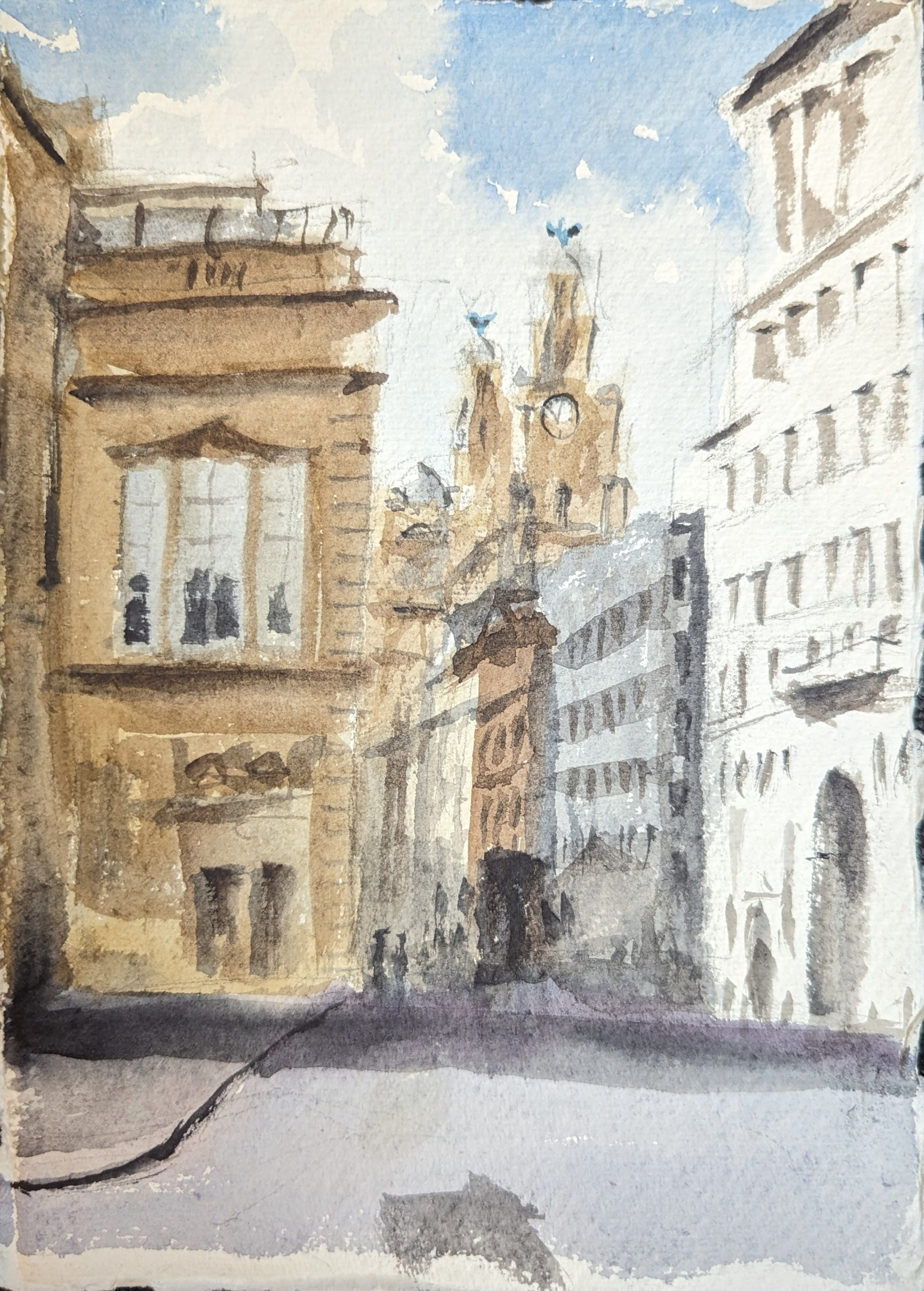 urban sketch watercolour by Artist Mark Grant Artwork of Liver Building in Liverpool Water Street