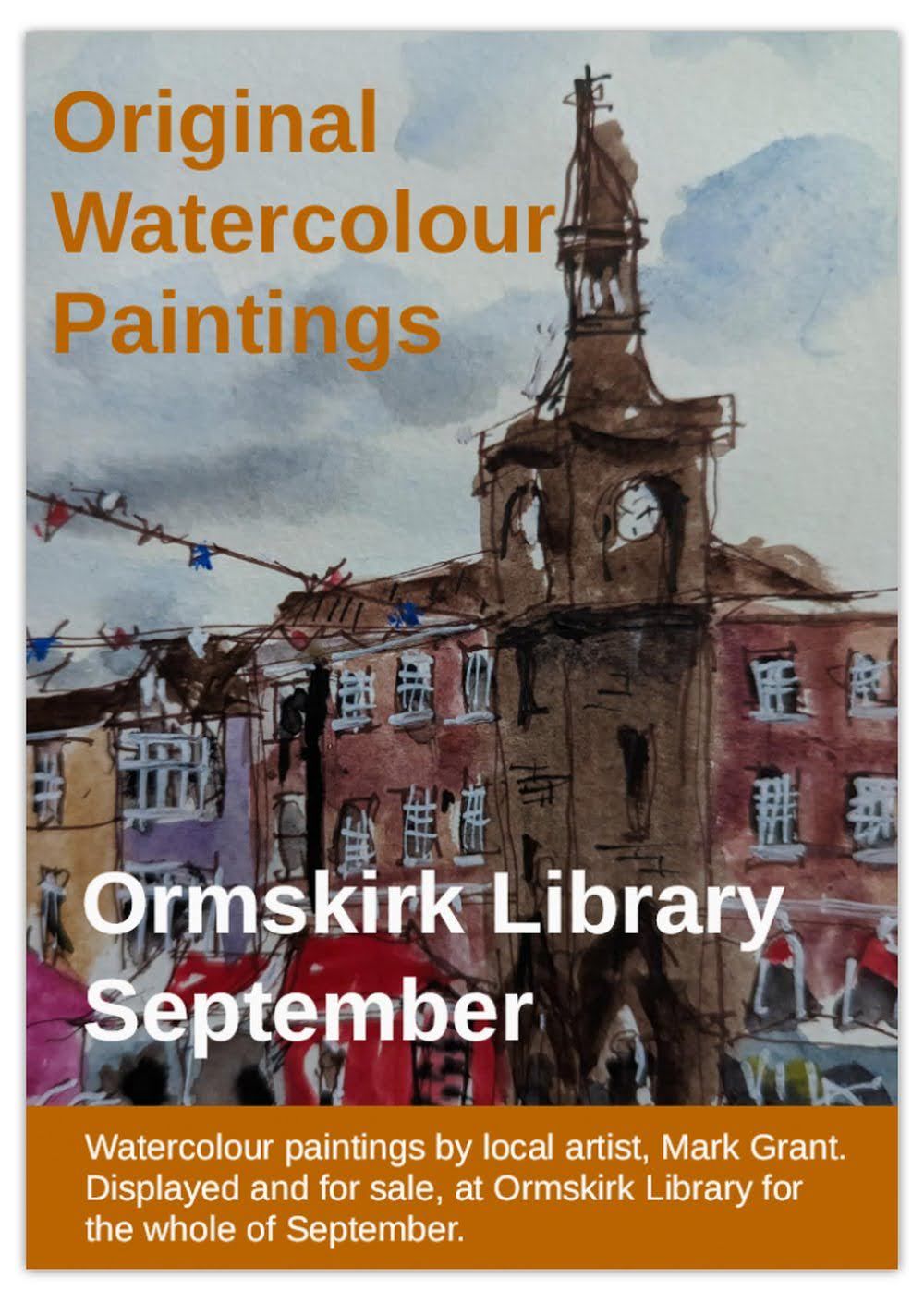 Watercolour art in Ormskirk Library by Artist Mark Grant including urban sketch artwork