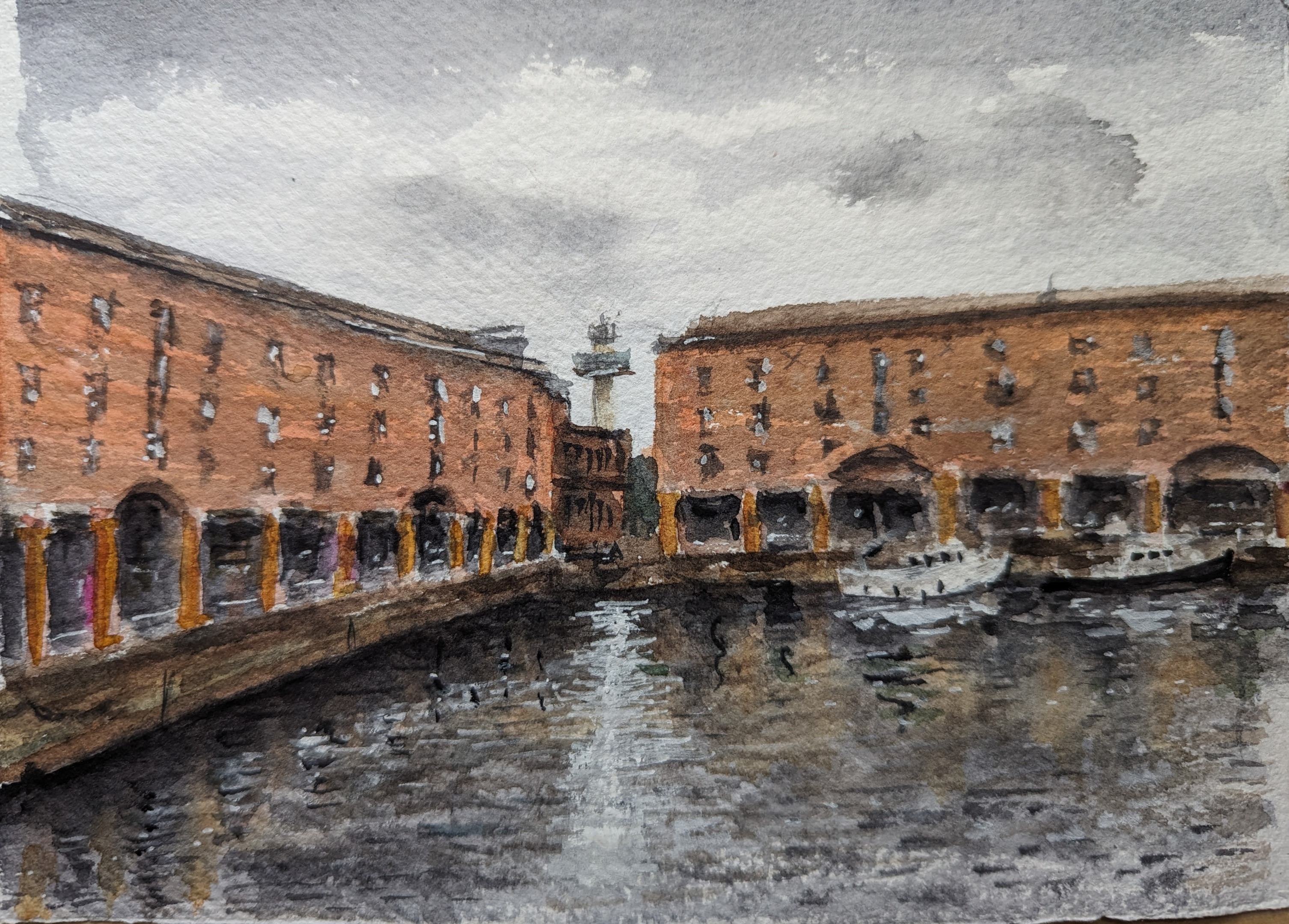 Urban Sketch of Albert Dock Liverpol Watercolour painting by Artist Mark Grant with Downtown Sketchers in Liverpool